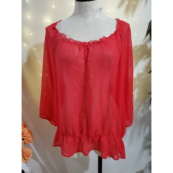 Old Navy Sheer Ruffle Chiffon Puff Sleeve Peasant Blouse Womens Size XXL Pink - Picture 1 of 12